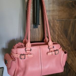 Brighton pink pebbled leather satchel.Braided double carrying handle